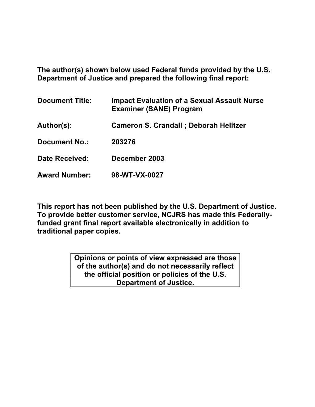 Impact Evaluation of a Sexual Assault Nurse Examiner (SANE) Program