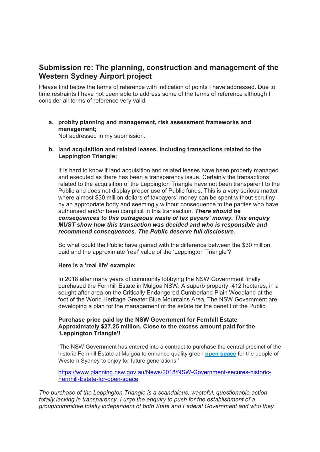 Submission Re: the Planning, Construction and Management of the Western Sydney Airport Project