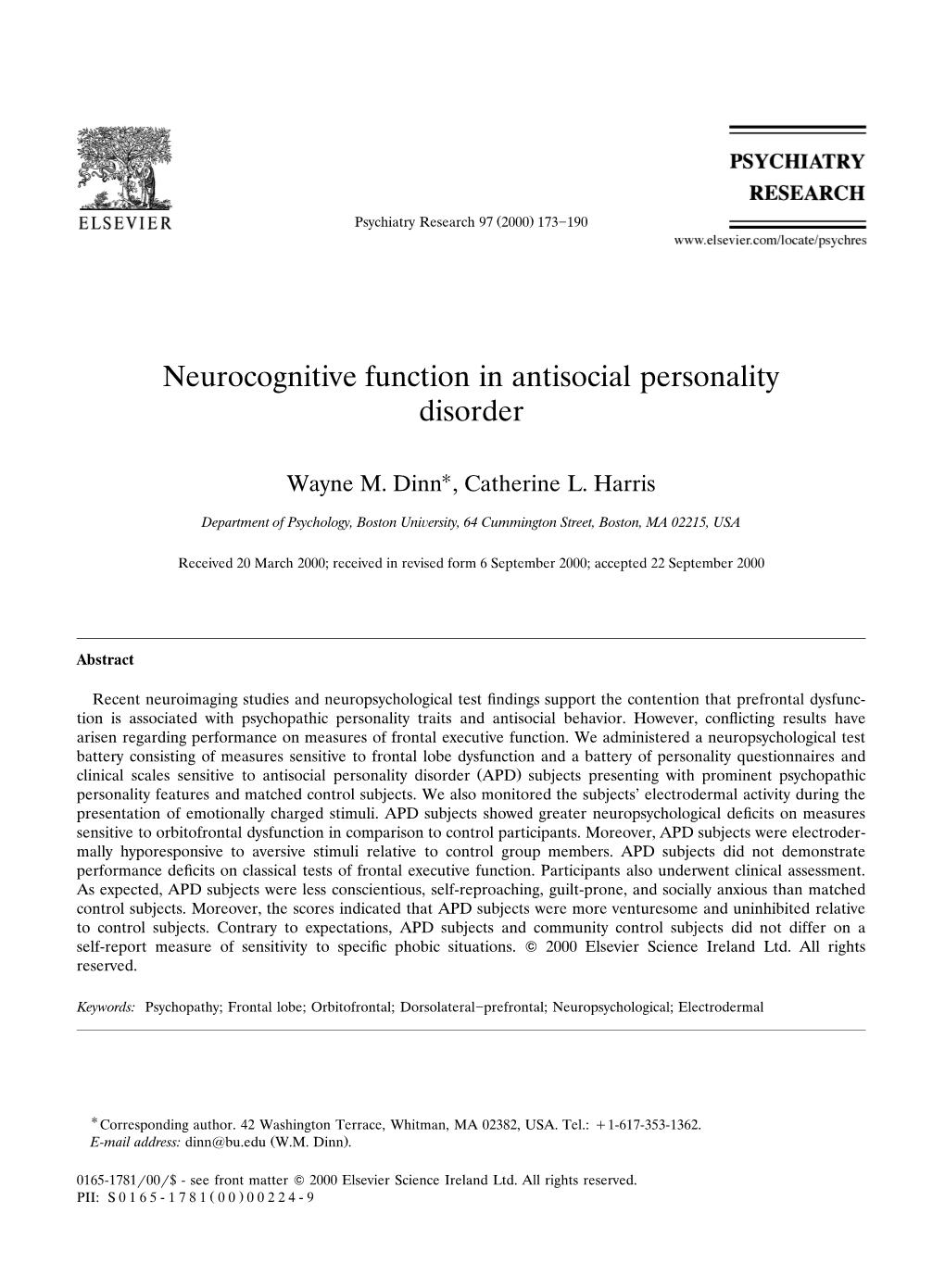 Neurocognitive Function in Antisocial Personality Disorder