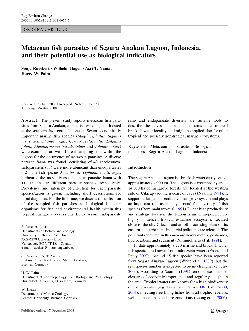 Metazoan Fish Parasites of Segara Anakan Lagoon, Indonesia, and Their Potential Use As Biological Indicators