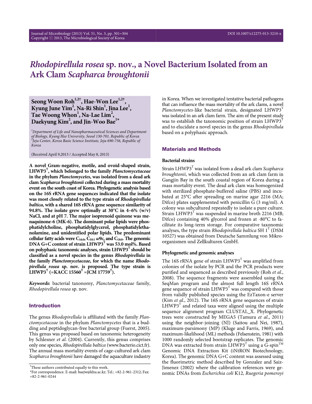 Rhodopirellula Roseasp. Nov., a Novel Bacterium Isolated from an Ark