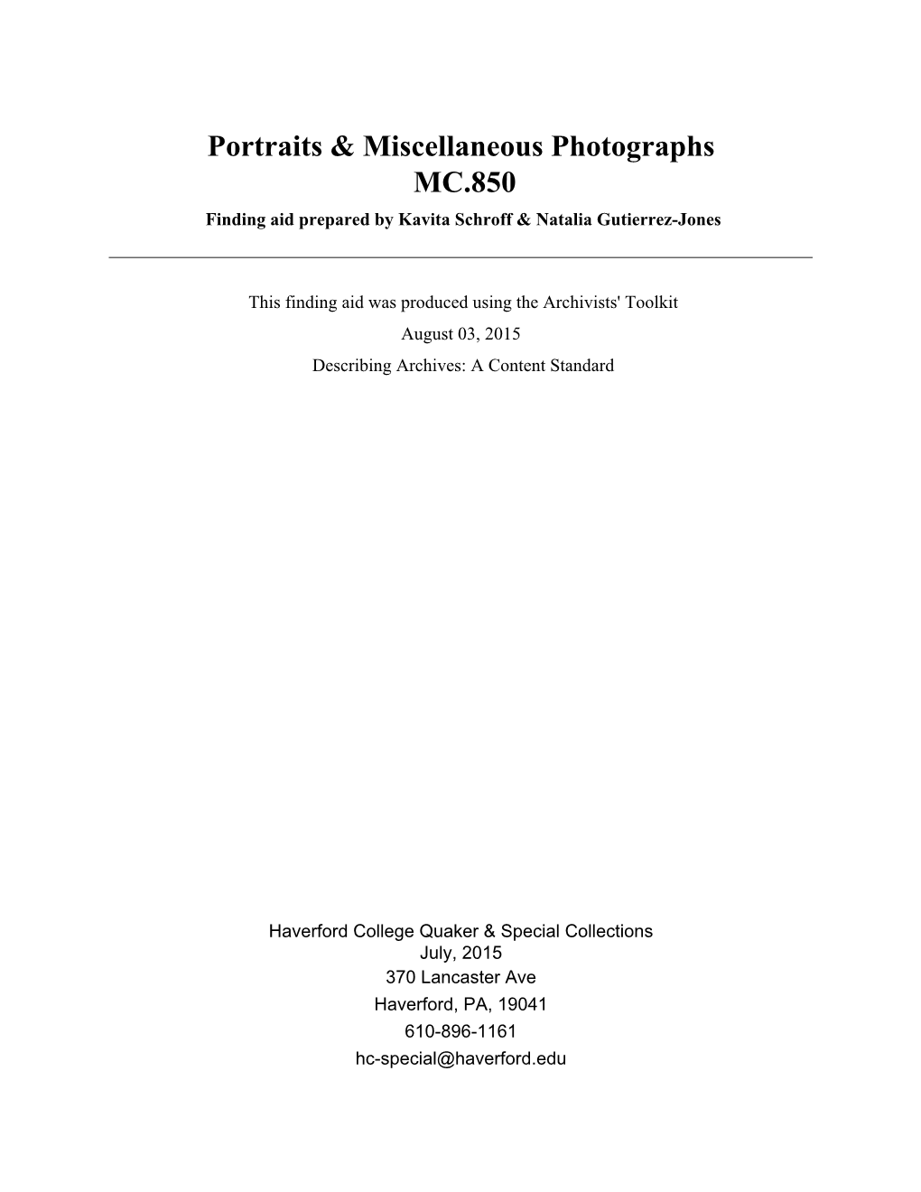 Portraits & Miscellaneous Photographs MC.850