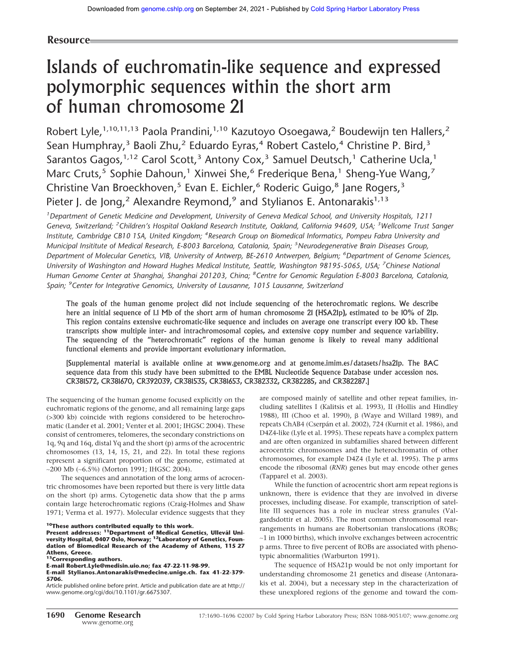 Islands of Euchromatin-Like Sequence and Expressed Polymorphic Sequences Within the Short Arm of Human Chromosome 21