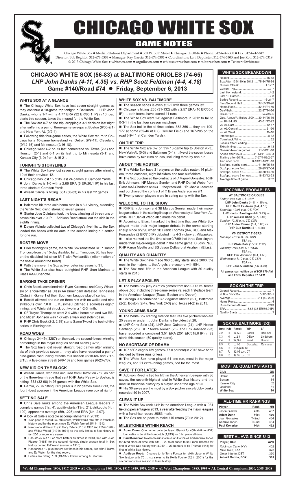 CHICAGO WHITE SOX GAME NOTES Chicago White Sox � Media Relations Departmentgame � 333 W