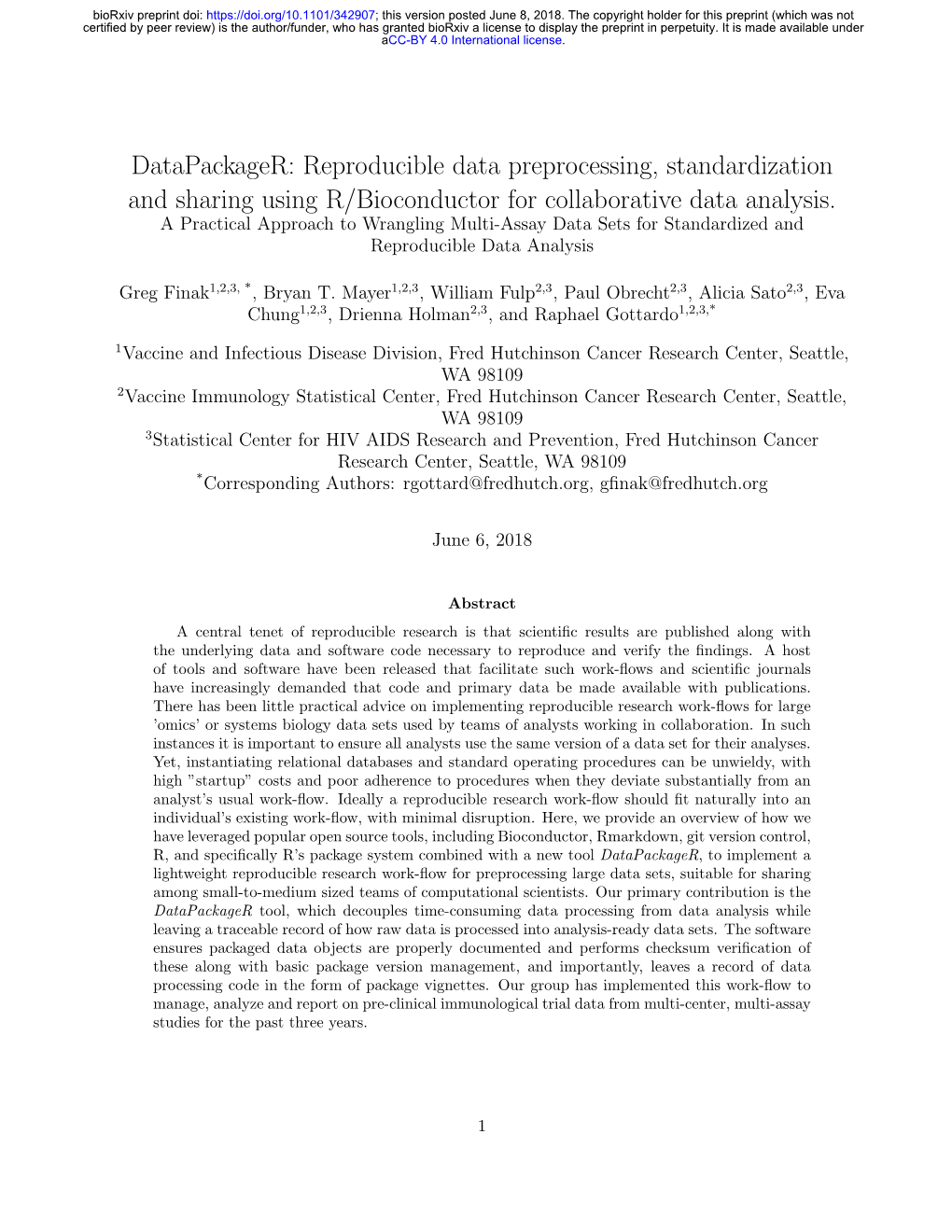 Datapackager: Reproducible Data Preprocessing, Standardization and Sharing Using R/Bioconductor for Collaborative Data Analysis