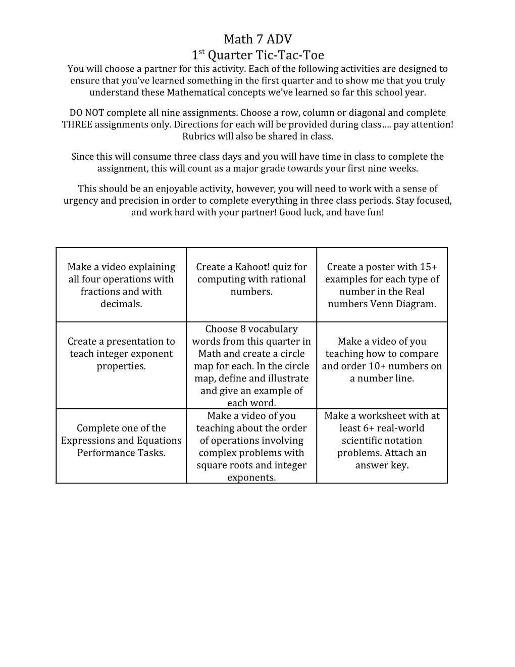 Math 7 ADV 1St Quarter Tic-Tac-Toe