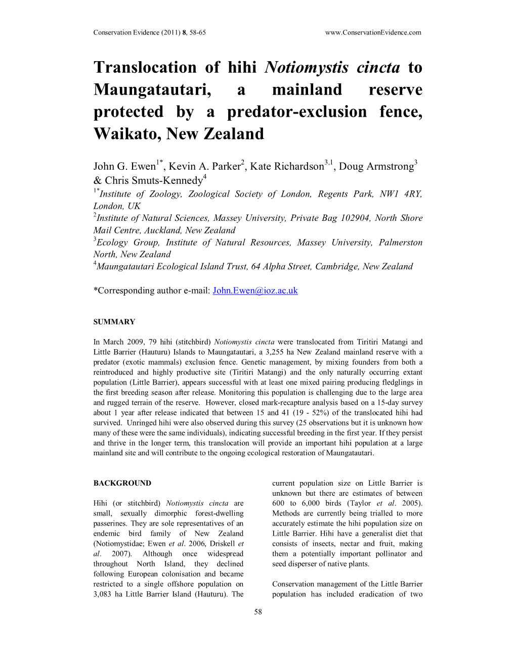 Translocation of Hihi Notiomystis Cincta to Maungatautari, a Mainland Reserve Protected by a Predator-Exclusion Fence, Waikato, New Zealand