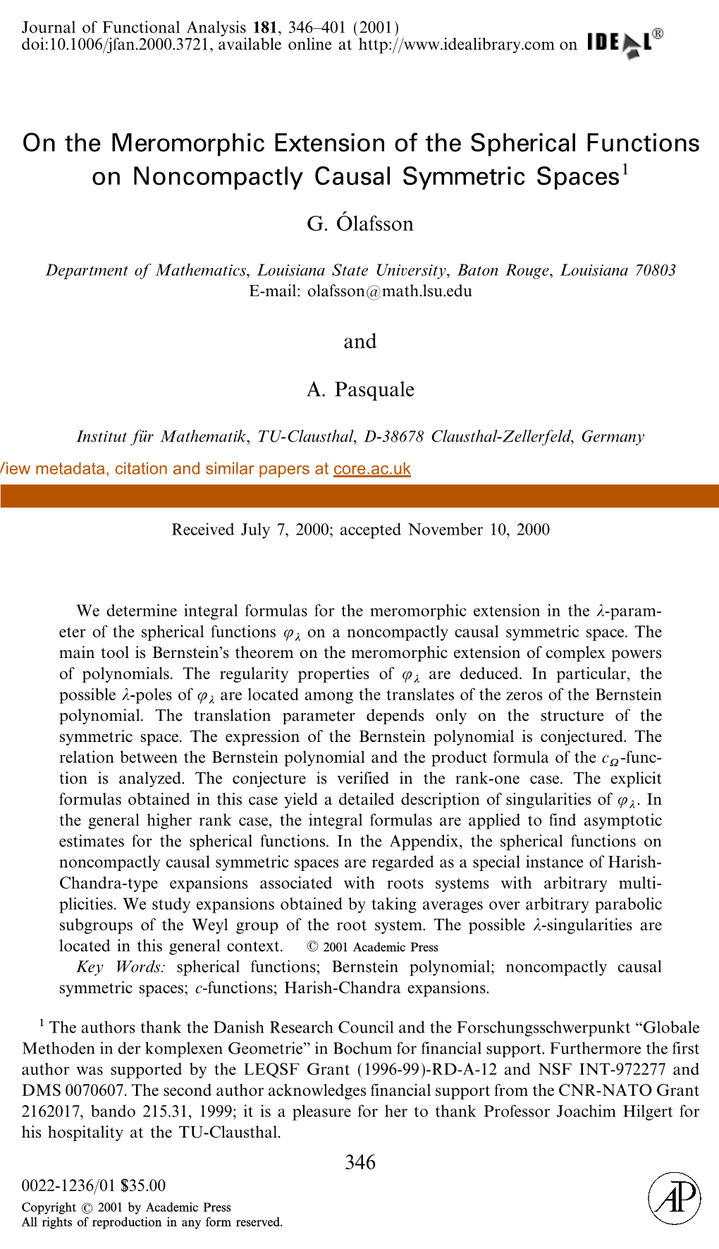 On the Meromorphic Extension of the Spherical Functions on Noncompactly Causal Symmetric Spaces1