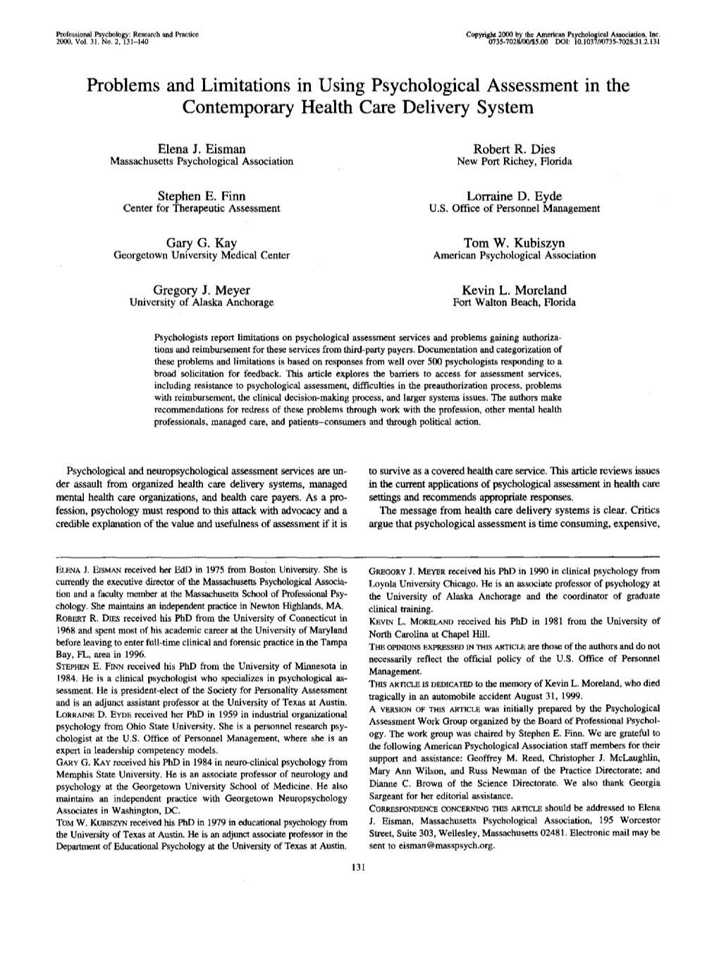 Problems and Limitations in Using Psychological Assessment in the Contemporary Health Care Delivery System