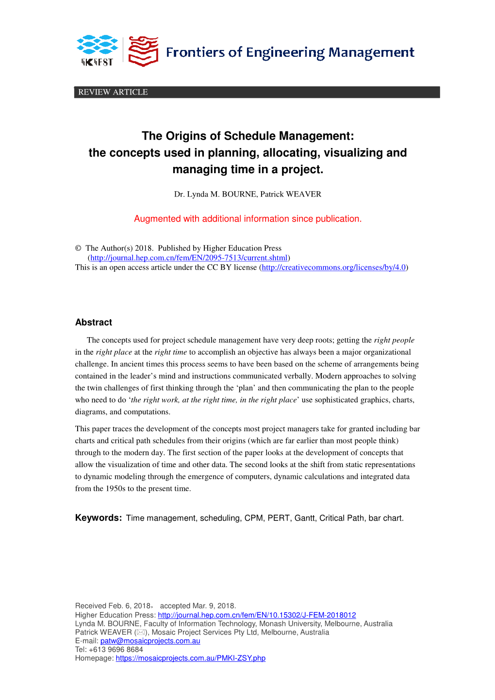 The Origins of Schedule Management: the Concepts Used in Planning, Allocating, Visualizing and Managing Time in a Project