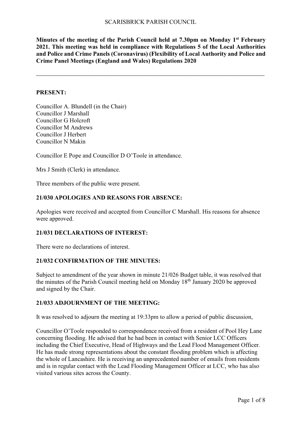 SCARISBRICK PARISH COUNCIL Page 1 of 8 Minutes of the Meeting