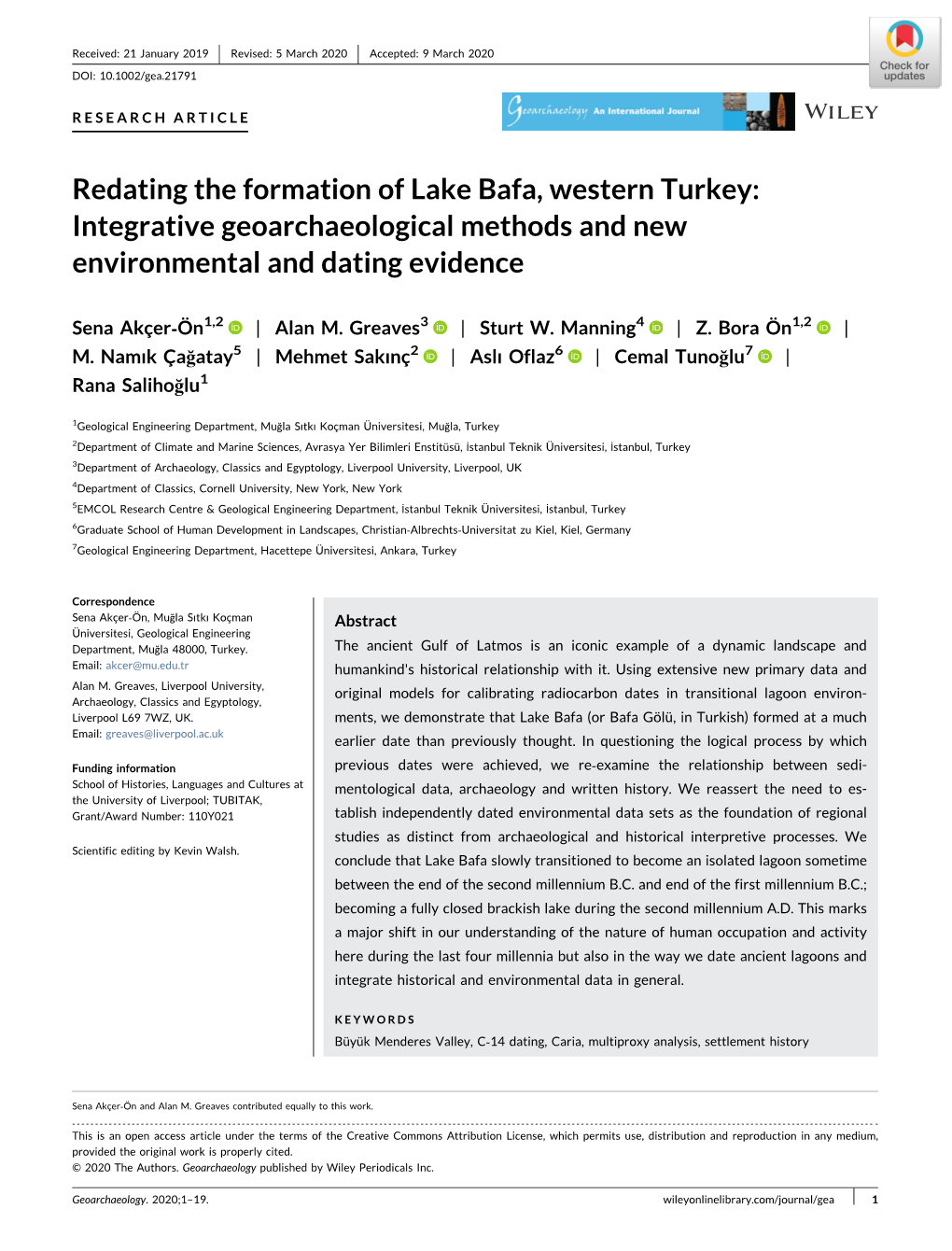 Redating the Formation of Lake Bafa, Western Turkey: Integrative Geoarchaeological Methods and New Environmental and Dating Evidence