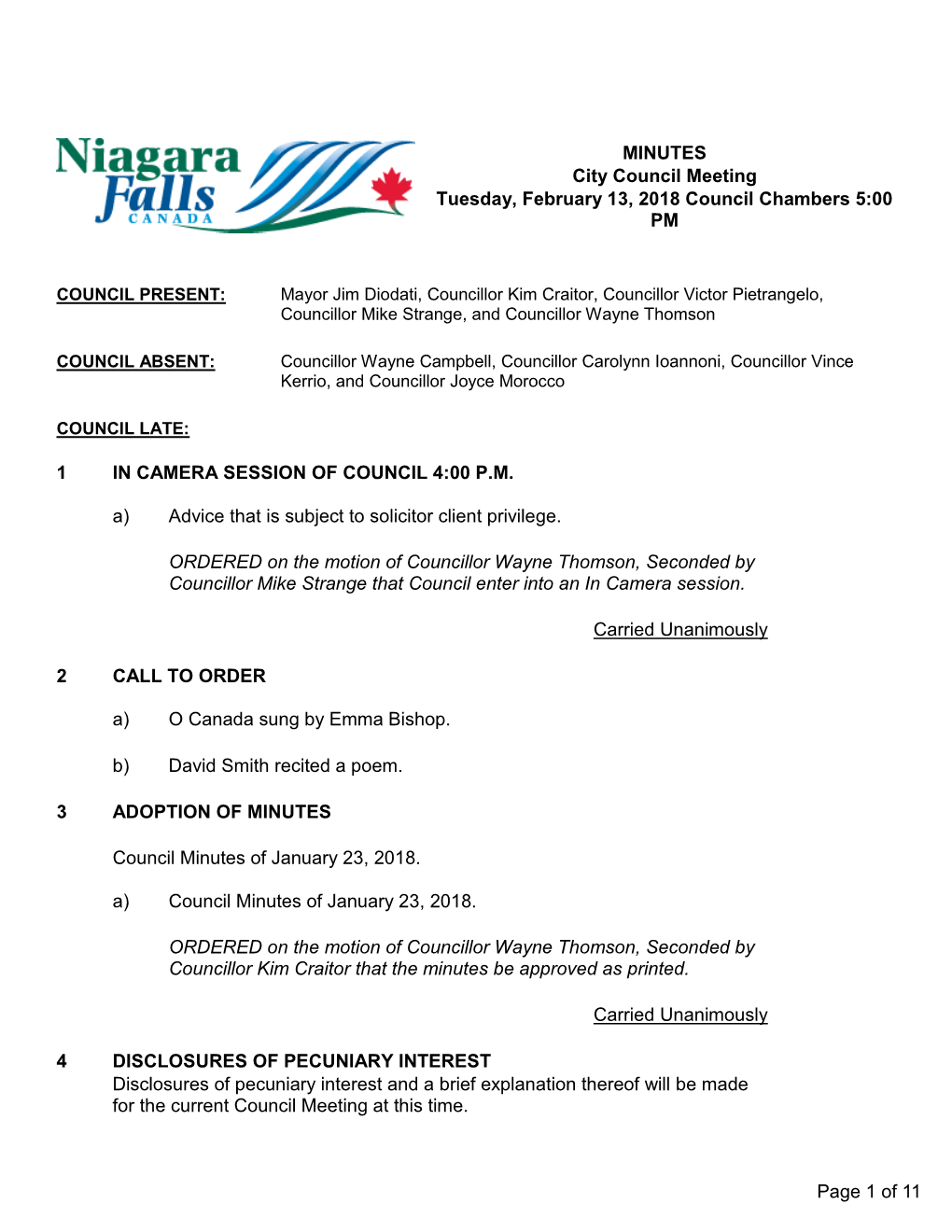 City Council Meeting Tuesday, February 13, 2018 Council Chambers 5:00 PM