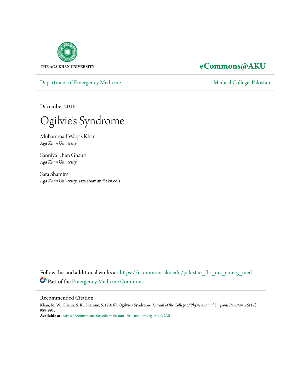 Ogilvie's Syndrome Muhammad Waqas Khan Aga Khan University