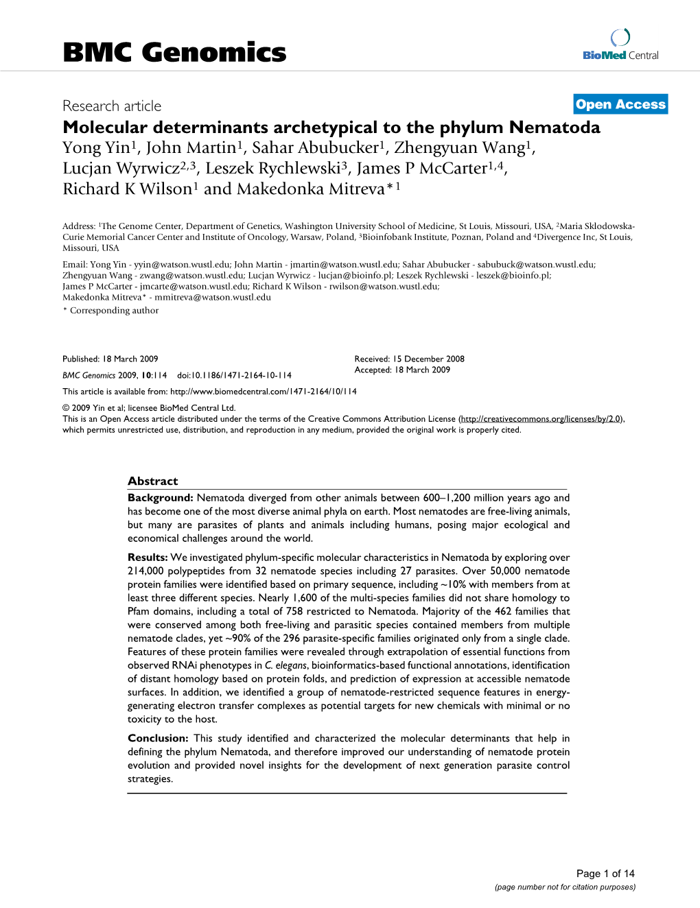 Molecular Determinants Archetypical to the Phylum Nematoda