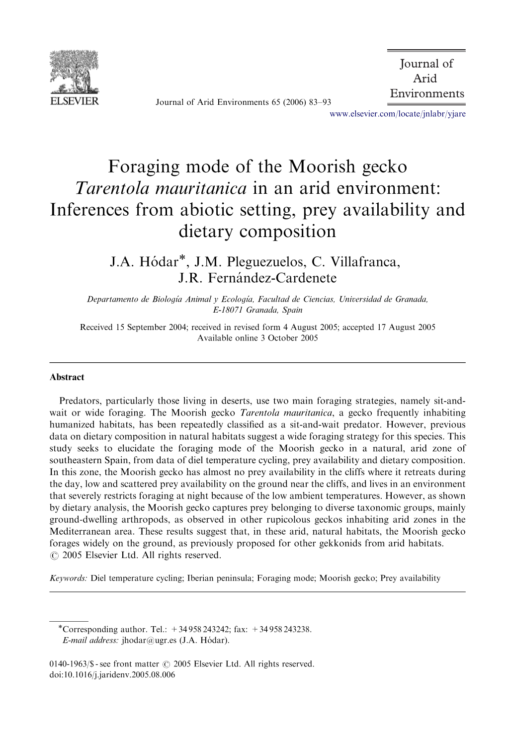 Foraging Mode of the Moorish Gecko Tarentola Mauritanica in an Arid Environment: Inferences from Abiotic Setting, Prey Availability and Dietary Composition