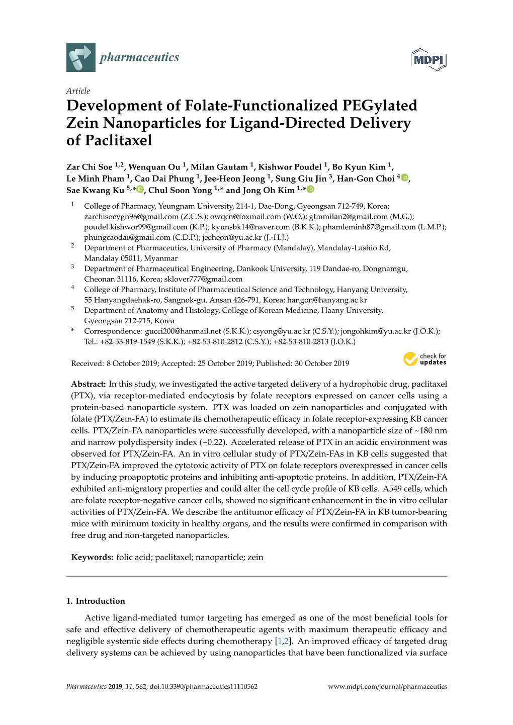 Development of Folate-Functionalized Pegylated Zein Nanoparticles for Ligand-Directed Delivery of Paclitaxel