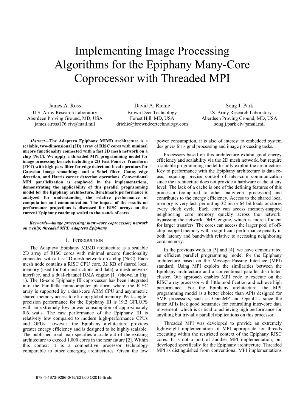 Implementing Image Processing Algorithms for the Epiphany Many-Core Coprocessor with Threaded MPI