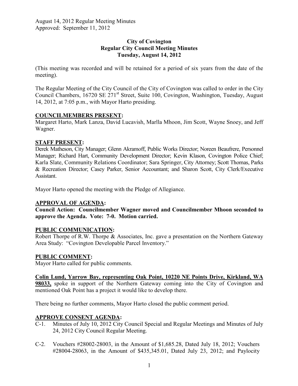 City of Covington Regular City Council Meeting Minutes Tuesday, August 14, 2012