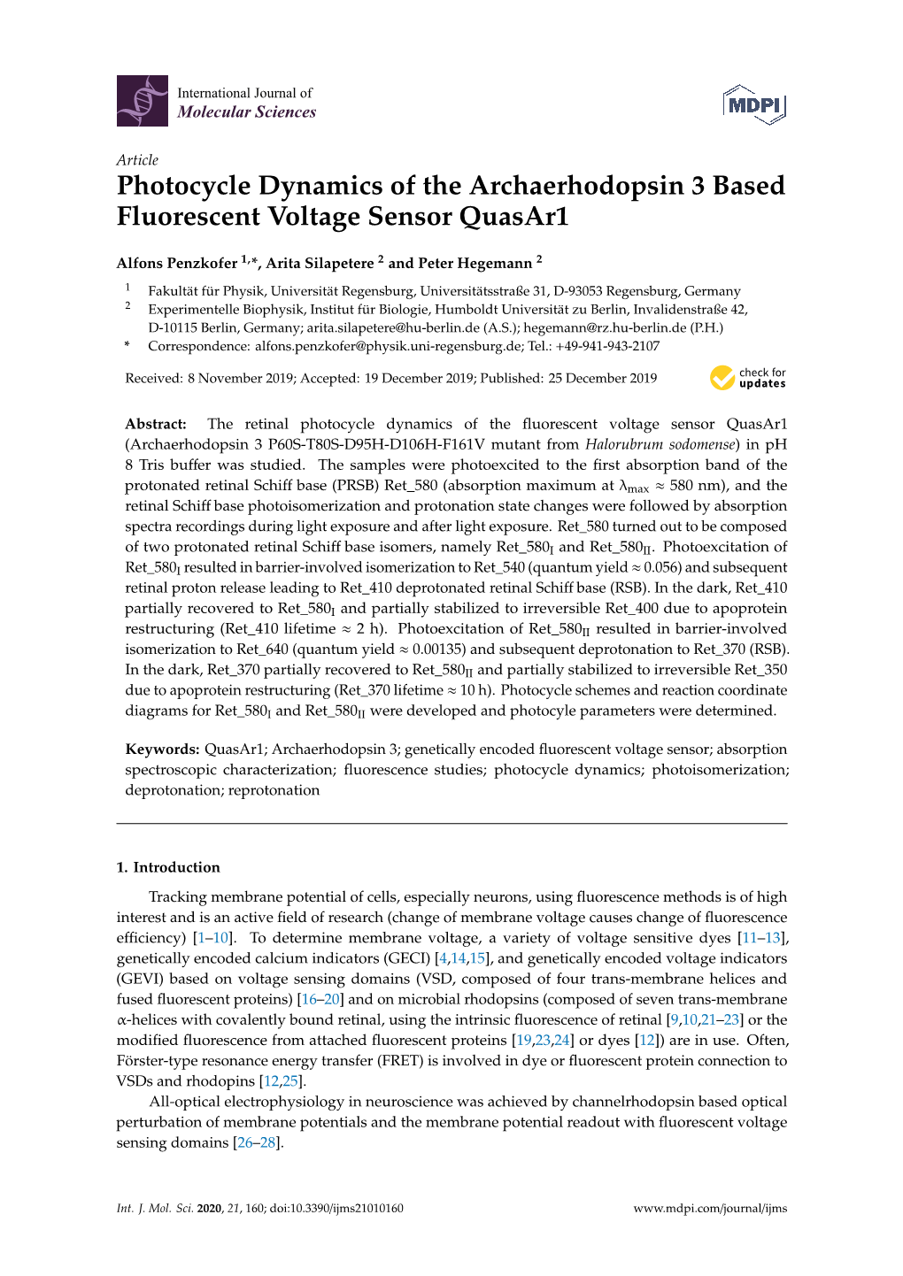 Photocycle Dynamics of the Archaerhodopsin 3 Based Fluorescent Voltage Sensor Quasar1