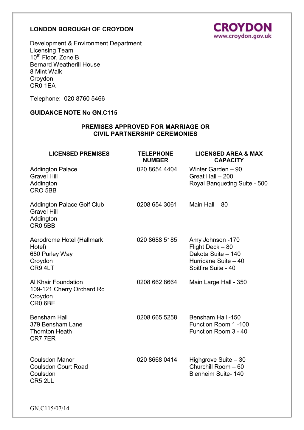 GN.C115 Approved Marriage and Civil Partenership Venues(Moved)