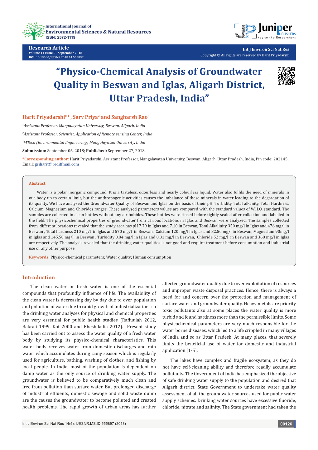 “Physico-Chemical Analysis of Groundwater Quality in Beswan and Iglas, Aligarh District, Uttar Pradesh, India”