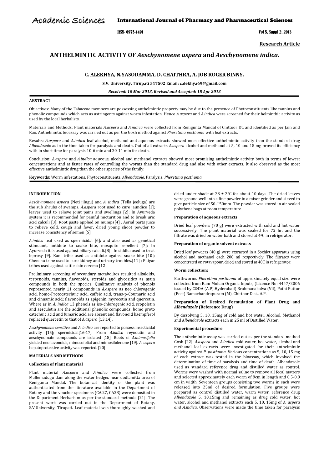 ANTHELMINTIC ACTIVITY of Aeschynomene Aspera and Aeschynomene Indica