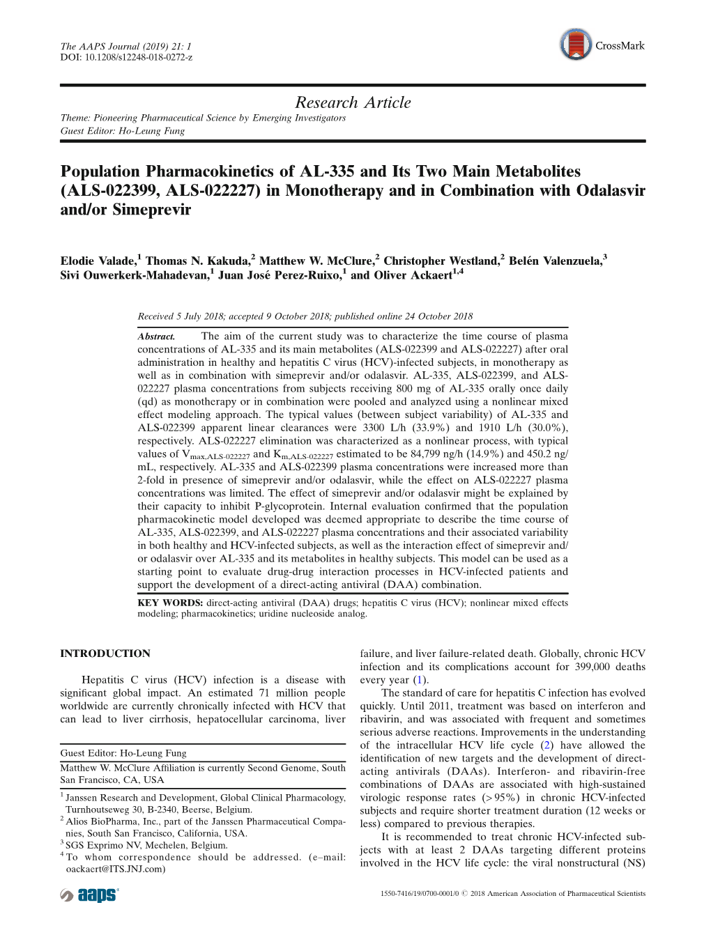 Population Pharmacokinetics of AL-335 and Its Two Main Metabolites (ALS-022399, ALS-022227) in Monotherapy and in Combination with Odalasvir And/Or Simeprevir