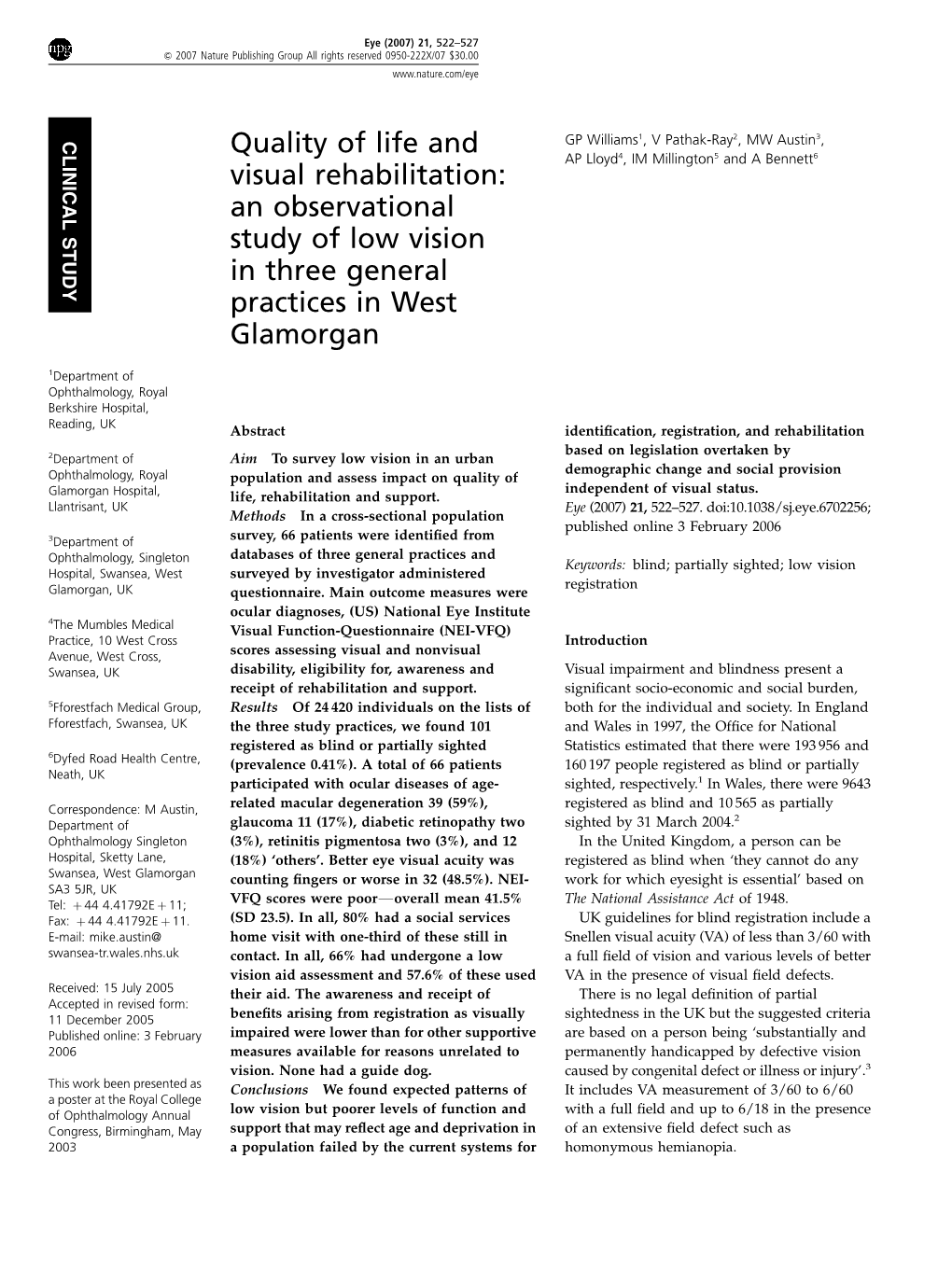 An Observational Study of Low Vision in Three General Practices in West Glamorgan