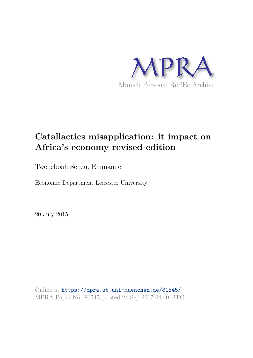 Catallactics Misapplication: It Impact on Africa’S Economy Revised Edition