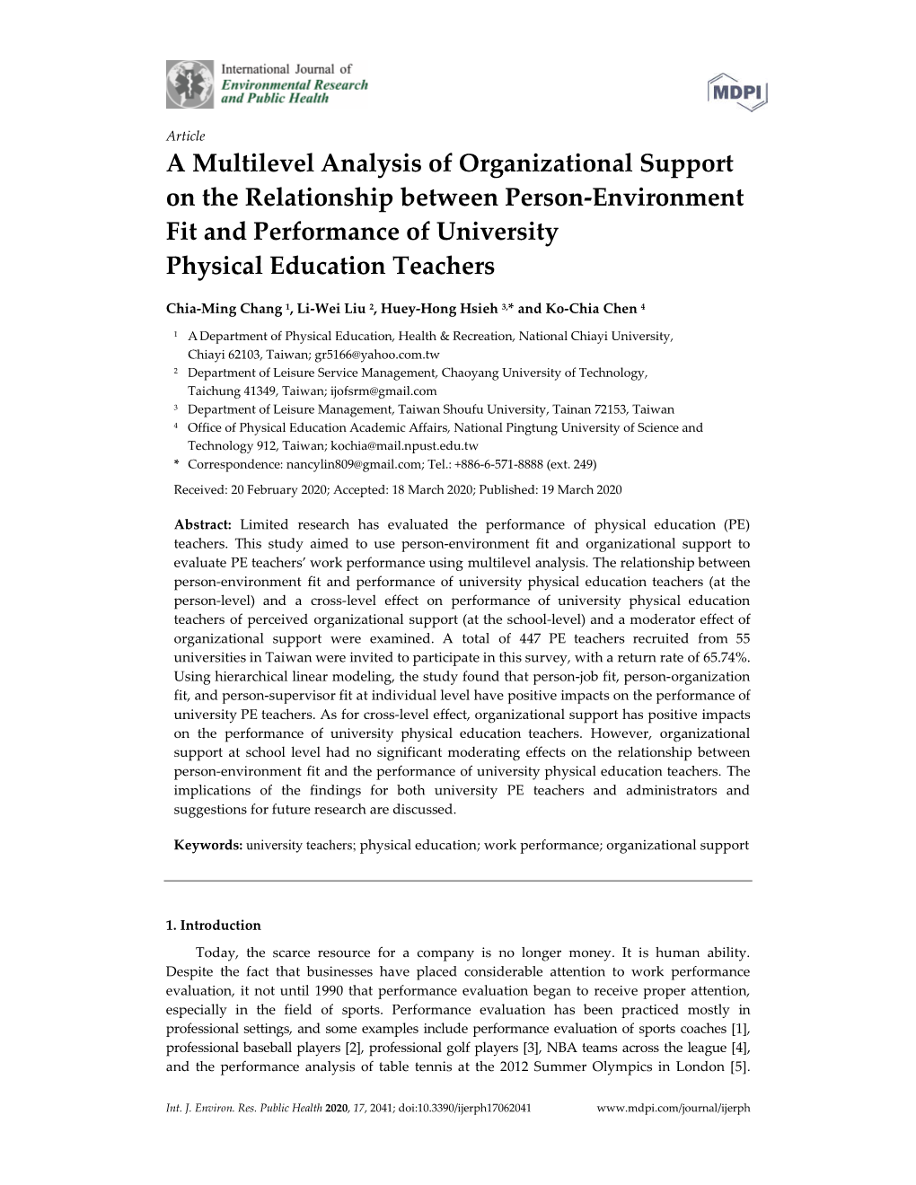A Multilevel Analysis of Organizational Support on the Relationship Between Person-Environment Fit and Performance of University Physical Education Teachers