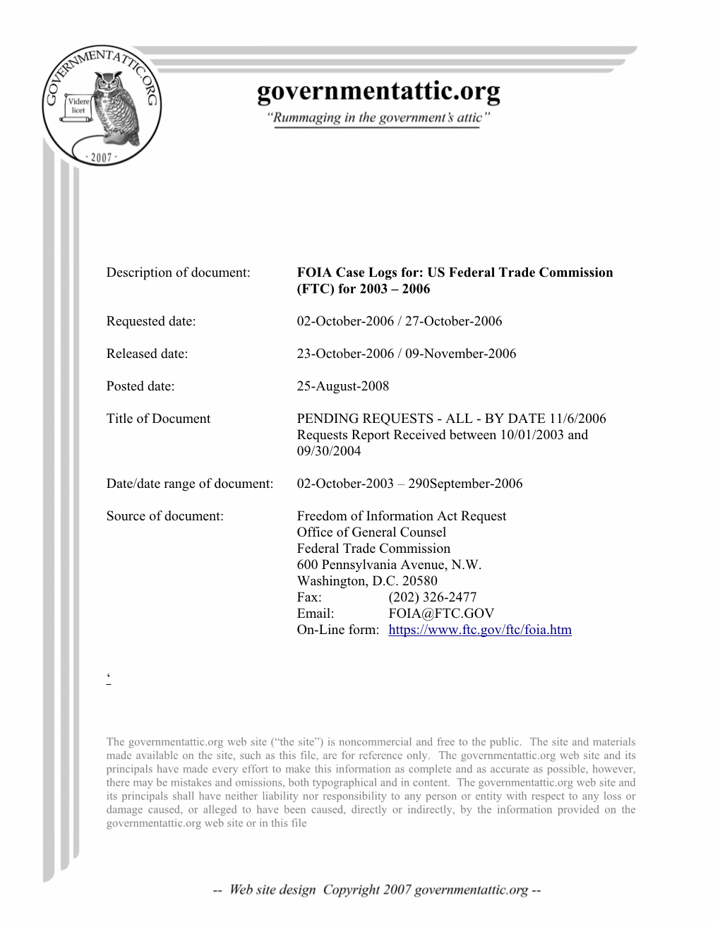 FOIA Case Logs For: US Federal Trade Commission (FTC) for 2003 – 2006