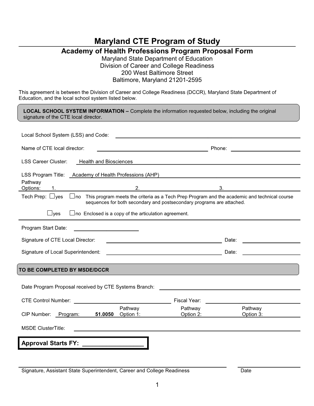 Academy of Health Professions Program Proposal Form