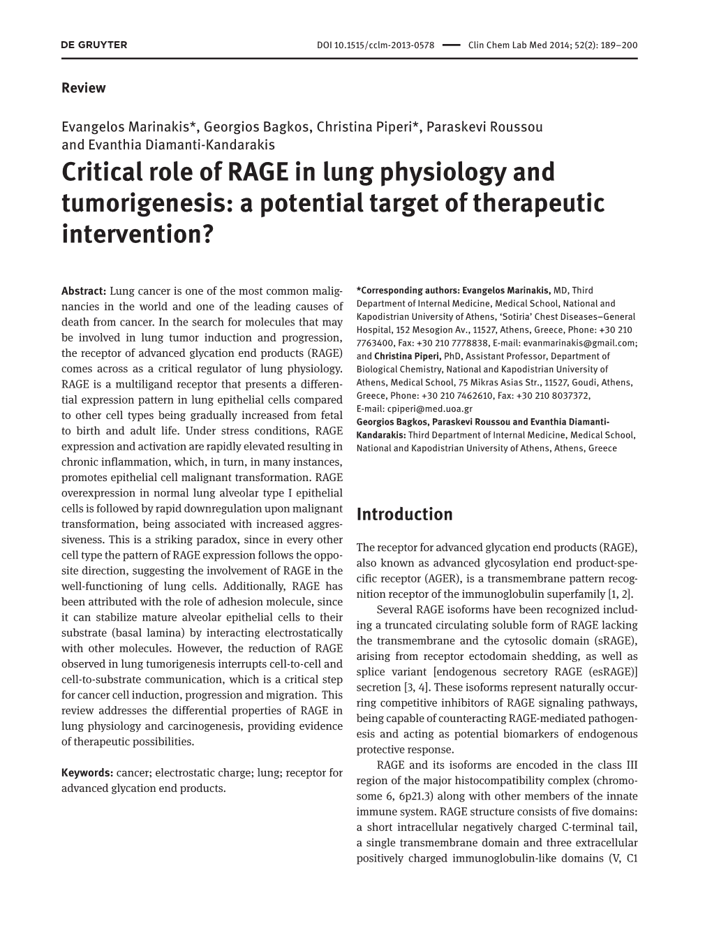 Critical Role of RAGE in Lung Physiology and Tumorigenesis: a Potential Target of Therapeutic Intervention?