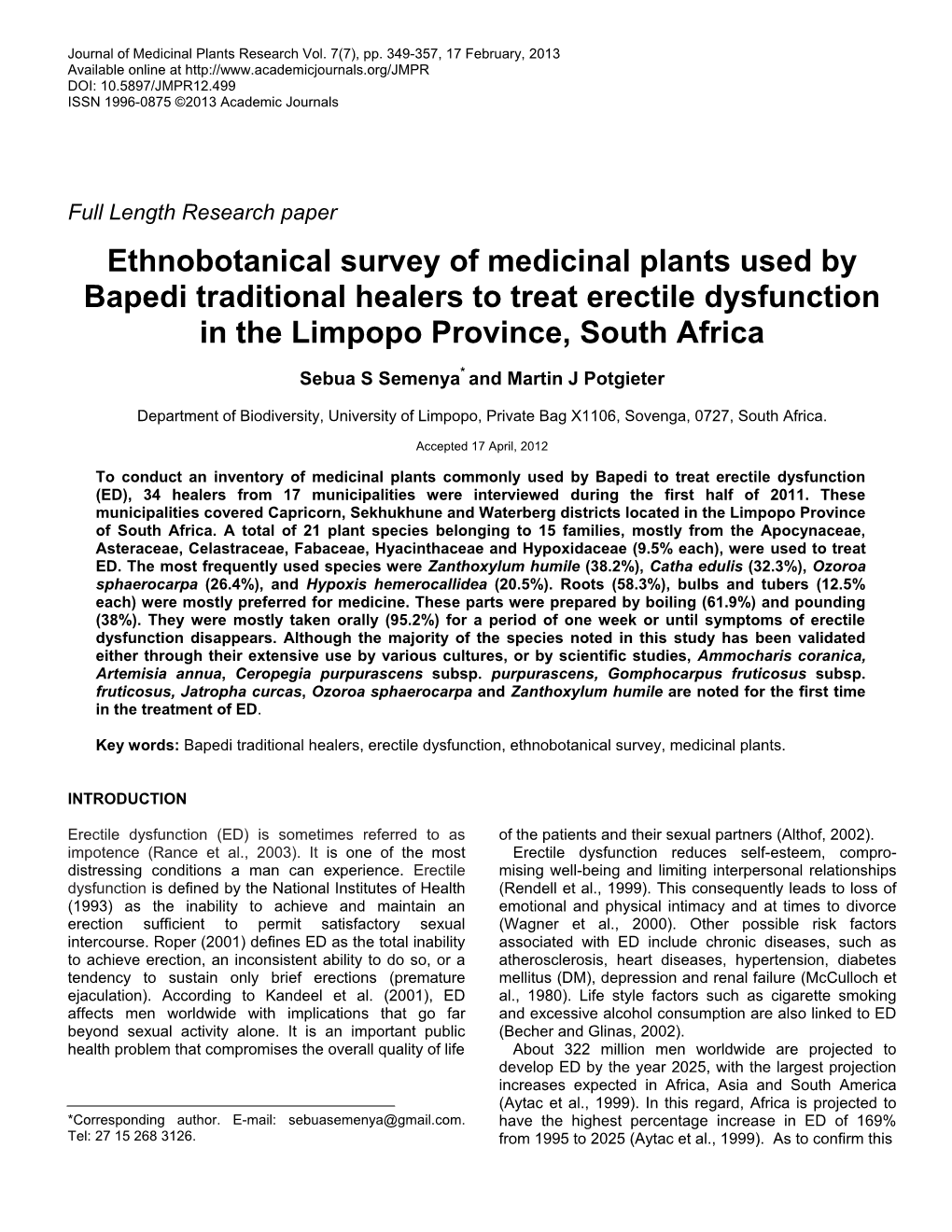 Ethnobotanical Survey of Medicinal Plants Used by Bapedi Traditional Healers to Treat Erectile Dysfunction in the Limpopo Province, South Africa