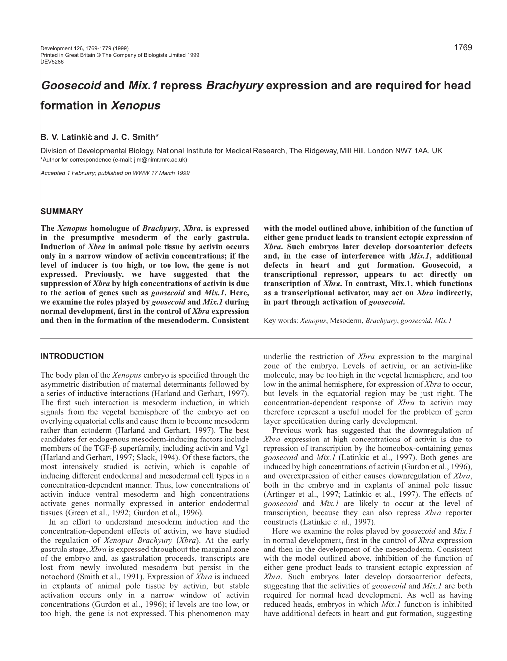 Goosecoid and Mix.1 Regulate Xbra