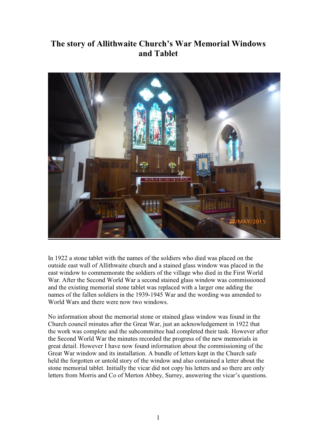 Allithwaite Church East Window Memorials and Tablet