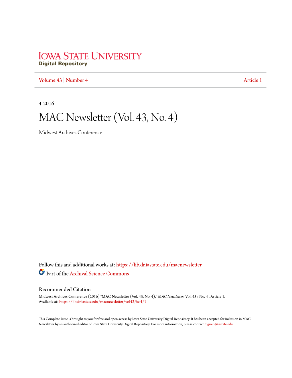 MAC Newsletter (Vol. 43, No. 4) Midwest Archives Conference