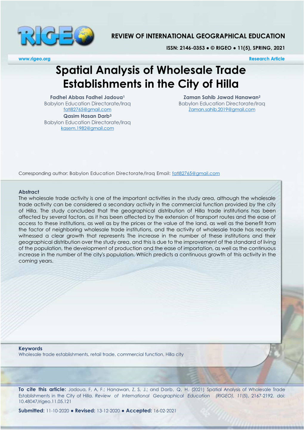 Spatial Analysis of Wholesale Trade Establishments in the City of Hilla