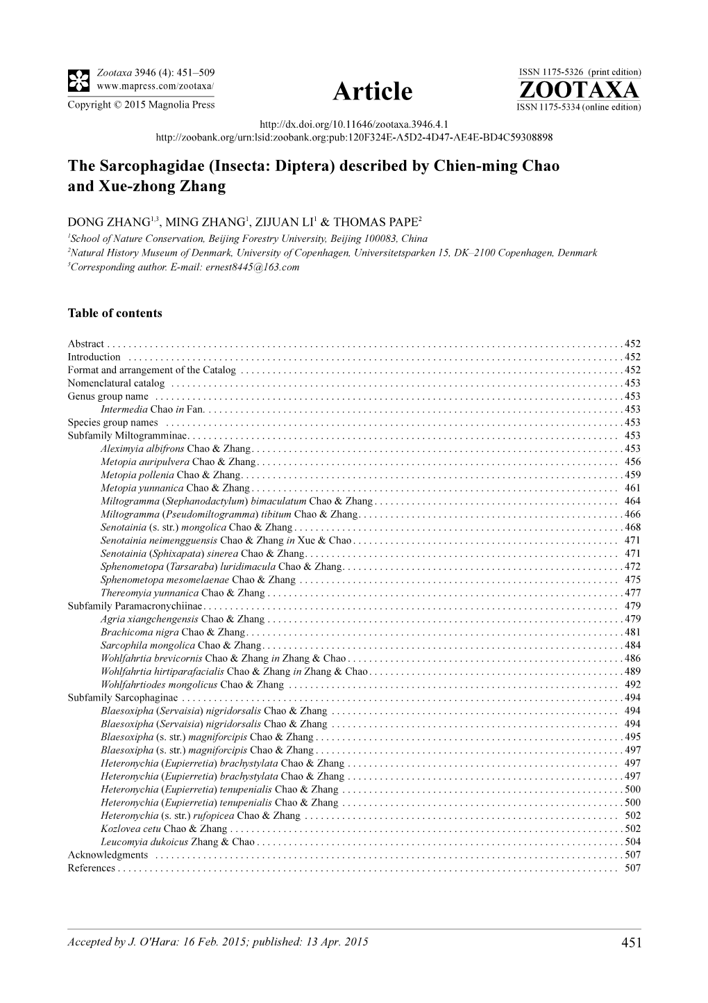 The Sarcophagidae (Insecta: Diptera) Described by Chien-Ming Chao and Xue-Zhong Zhang