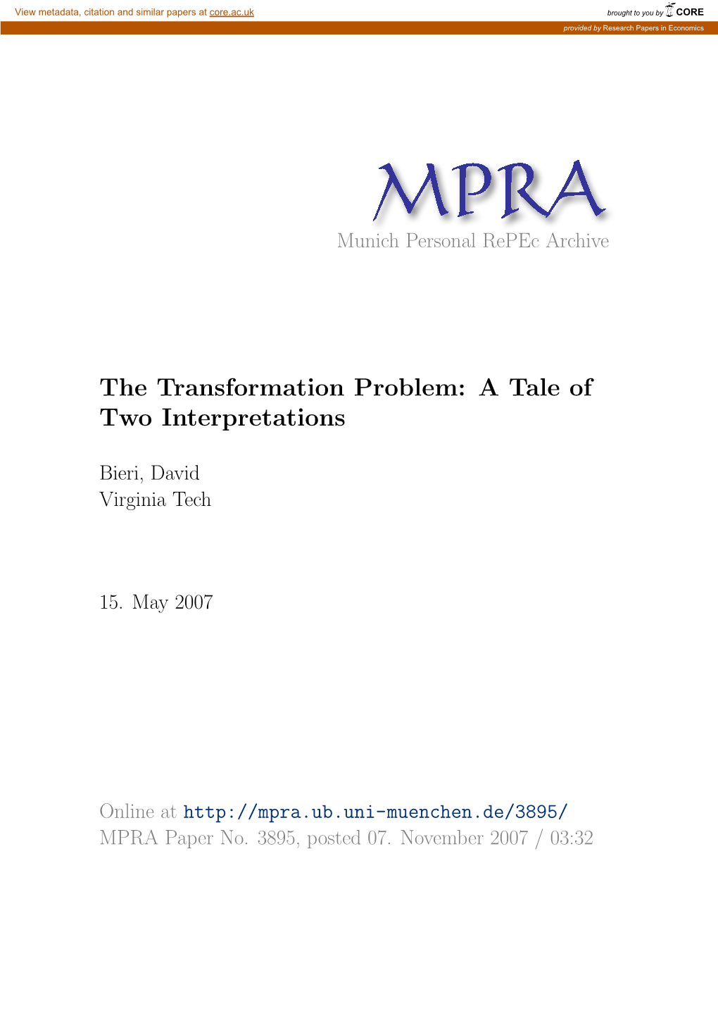 The Transformation Problem: a Tale of Two Interpretations