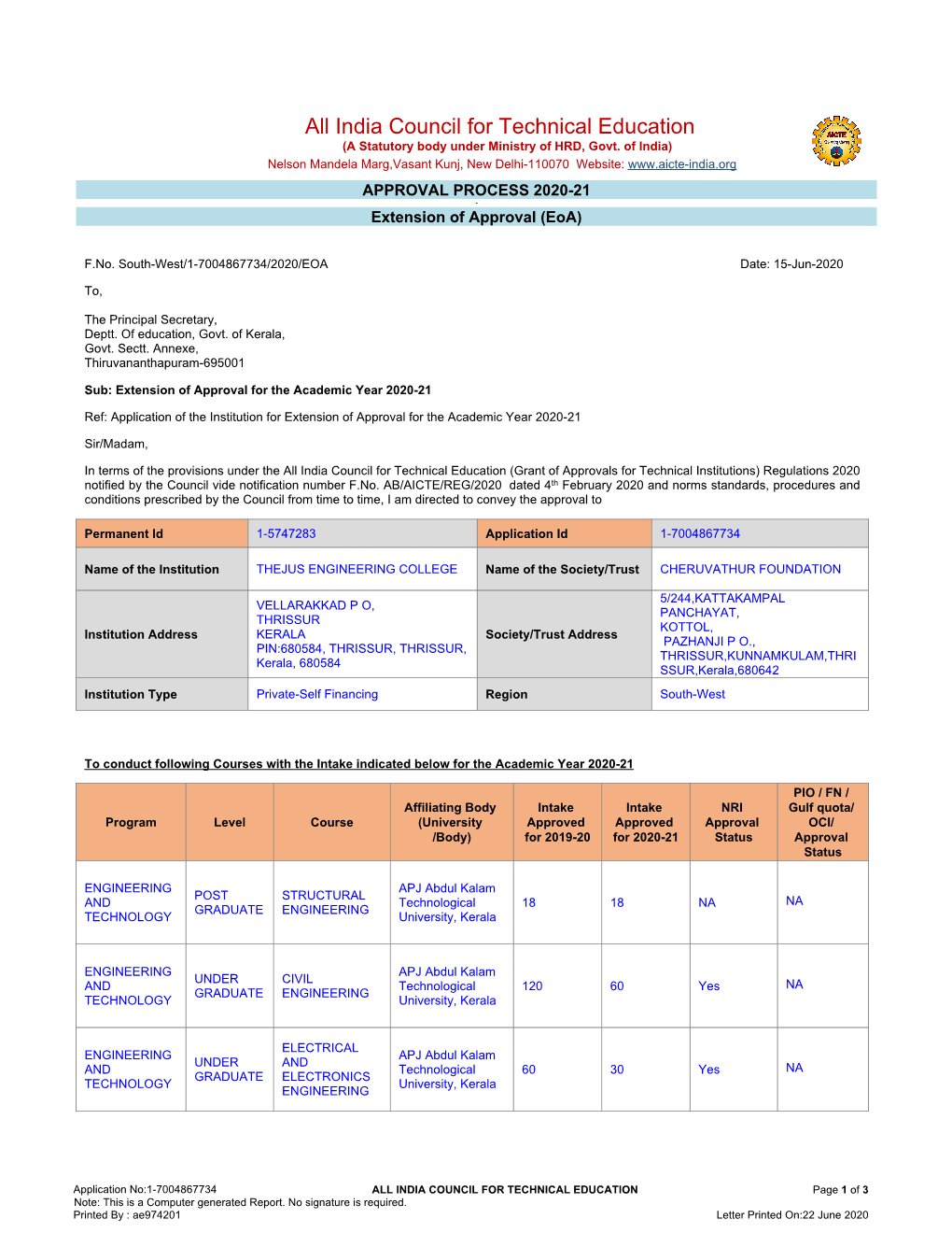 India Council for Technical Education (A Statutory Body Under Ministry of HRD, Govt