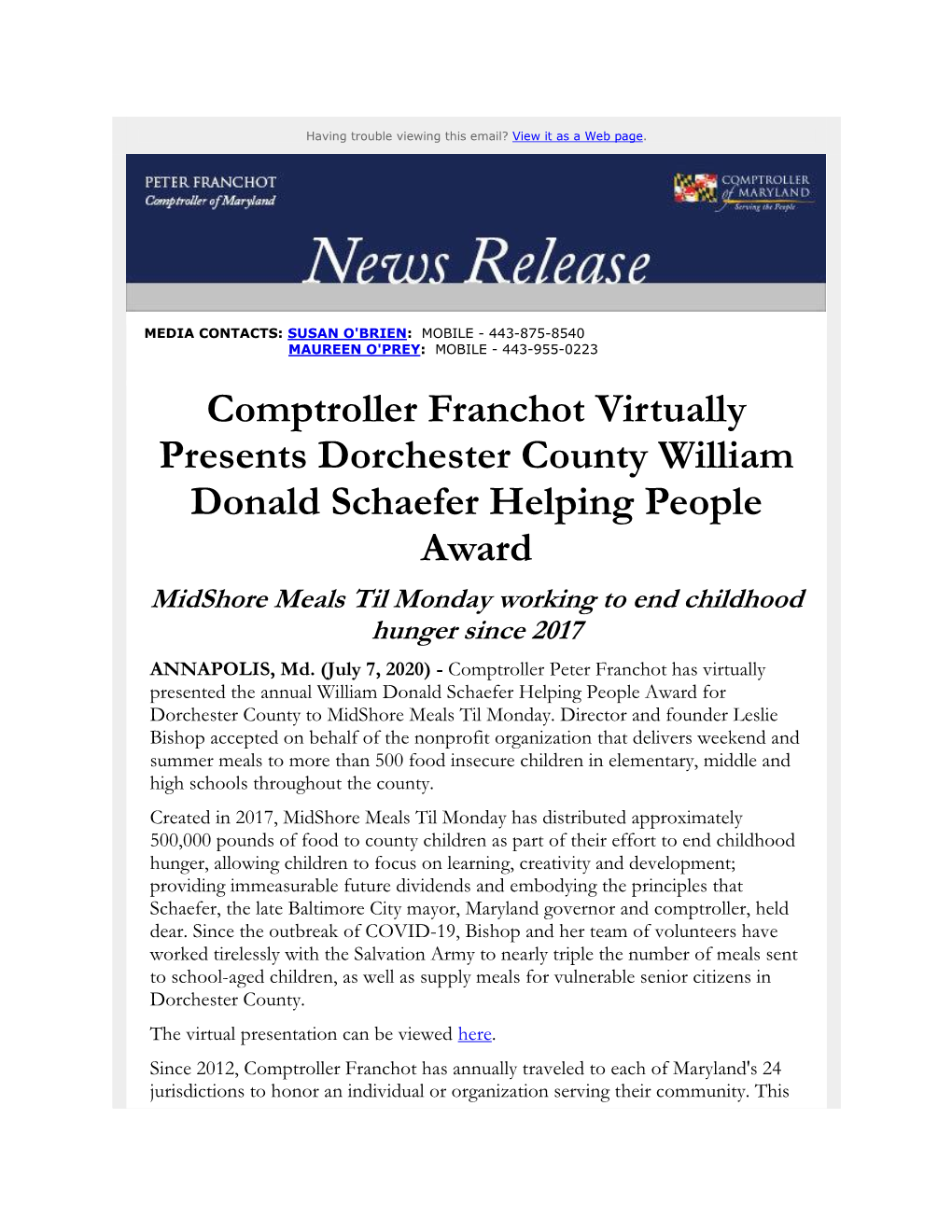 Comptroller Franchot Virtually Presents Dorchester County