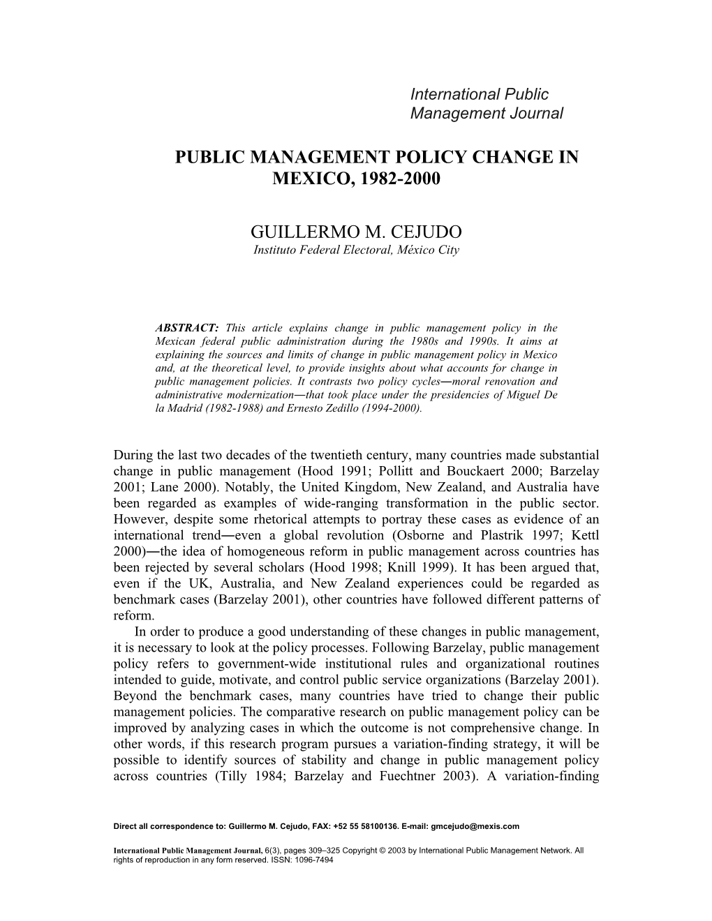 Public Management Policy Change in Mexico, 1982-2000