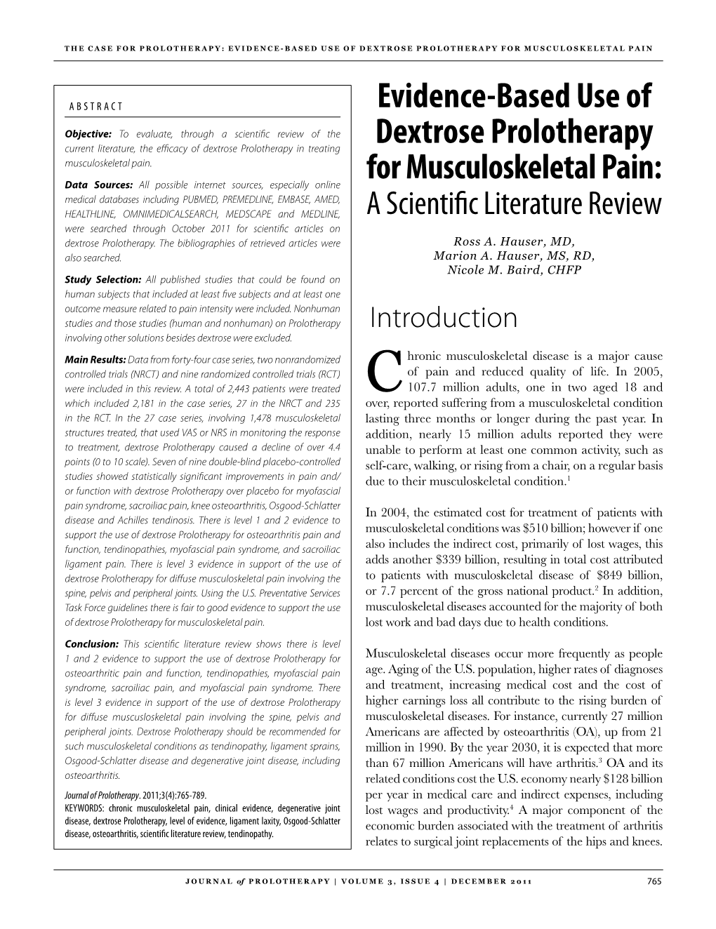 Evidence-Based Use of Dextrose Prolotherapy for Musculoskeletal Pain