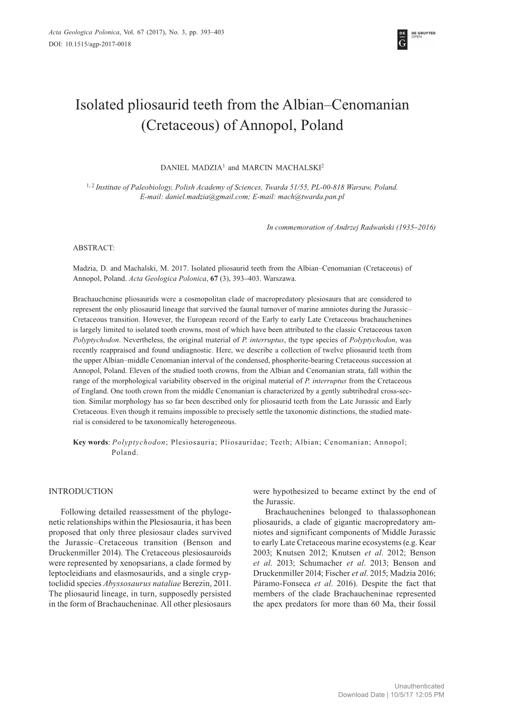 Isolated Pliosaurid Teeth from the Albian–Cenomanian (Cretaceous) of Annopol, Poland