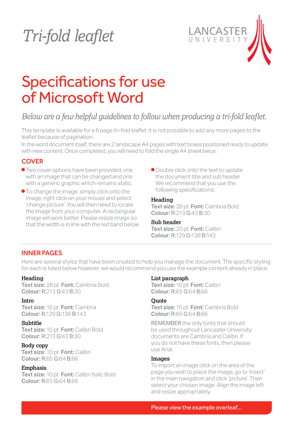 Specifications for Use of Microsoft Word Below Are a Few Helpful Guidelines to Follow When Producing a Tri-Fold Leaflet