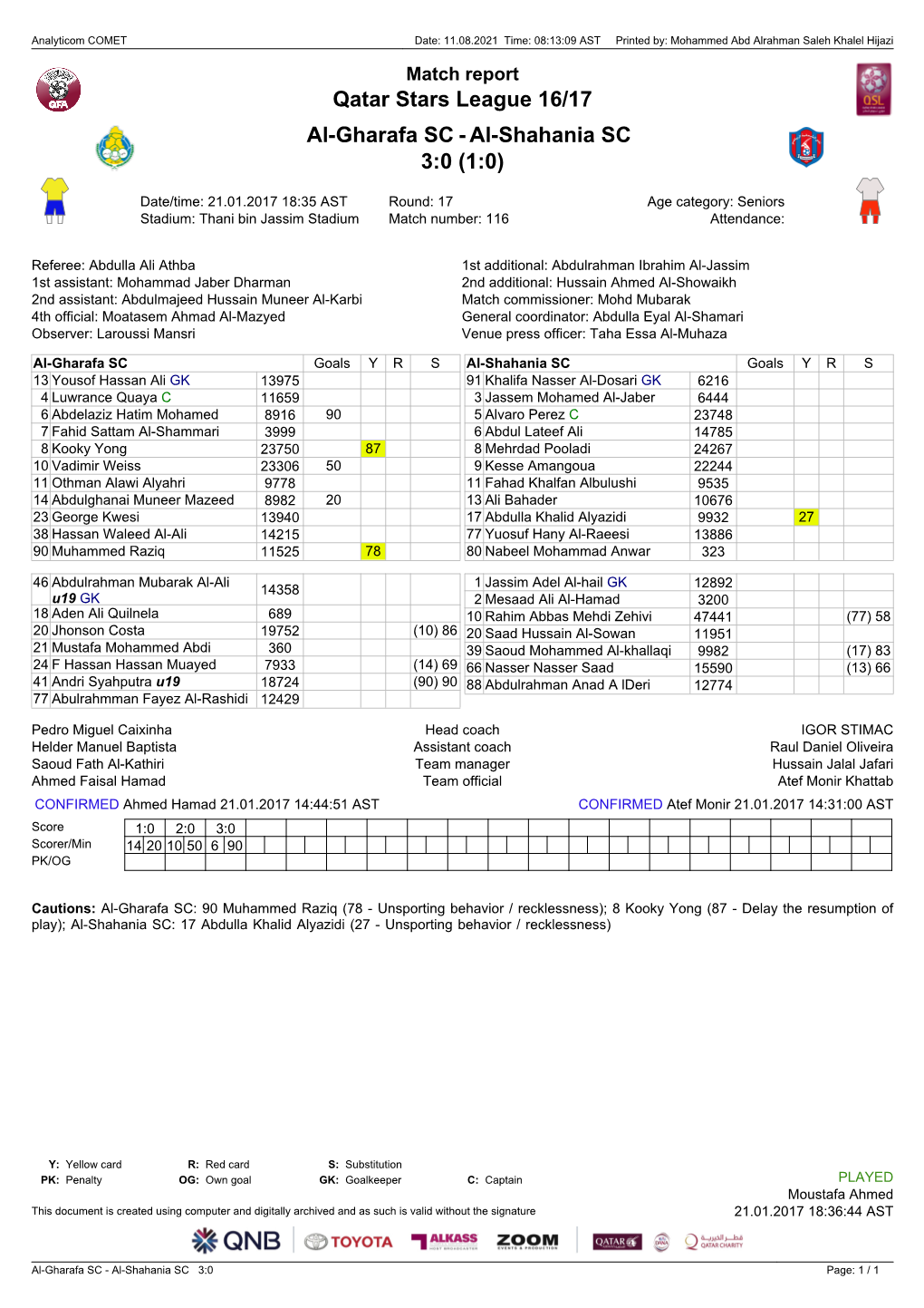 Qatar Stars League 16/17 Al-Gharafa SC 3:0 (1:0) Al-Shahania SC