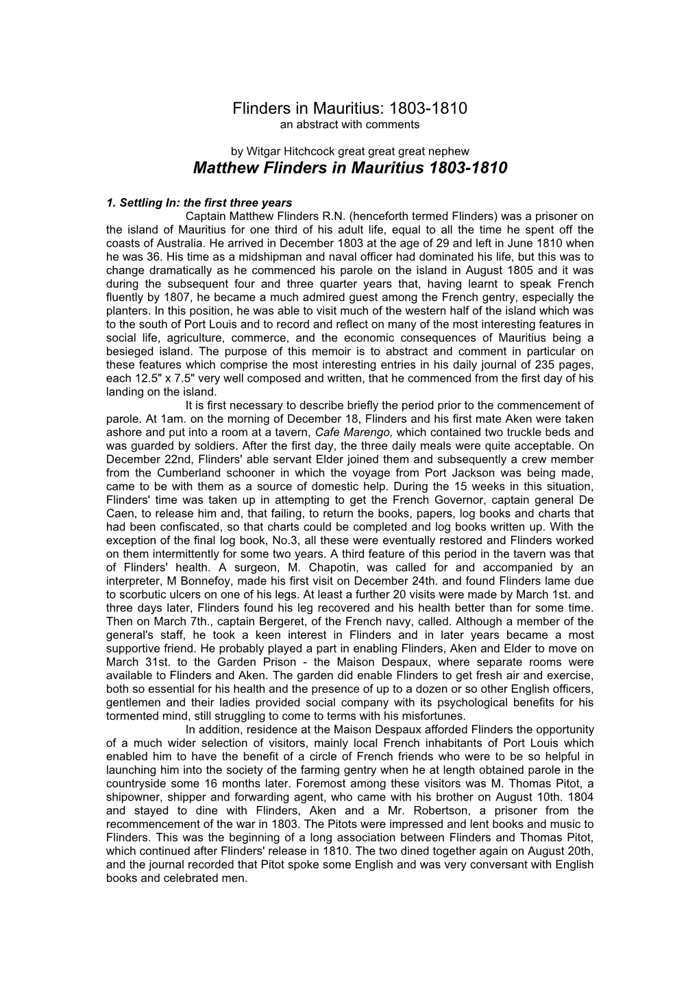 Flinders in Mauritius: 1803-1810 an Abstract with Comments