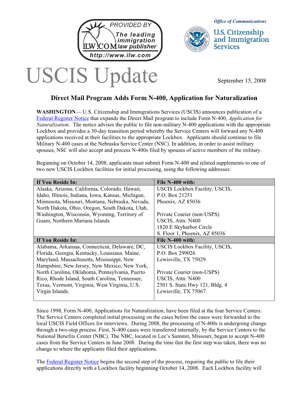 Direct Mail Program Adds Form N-400, Application for Naturalization